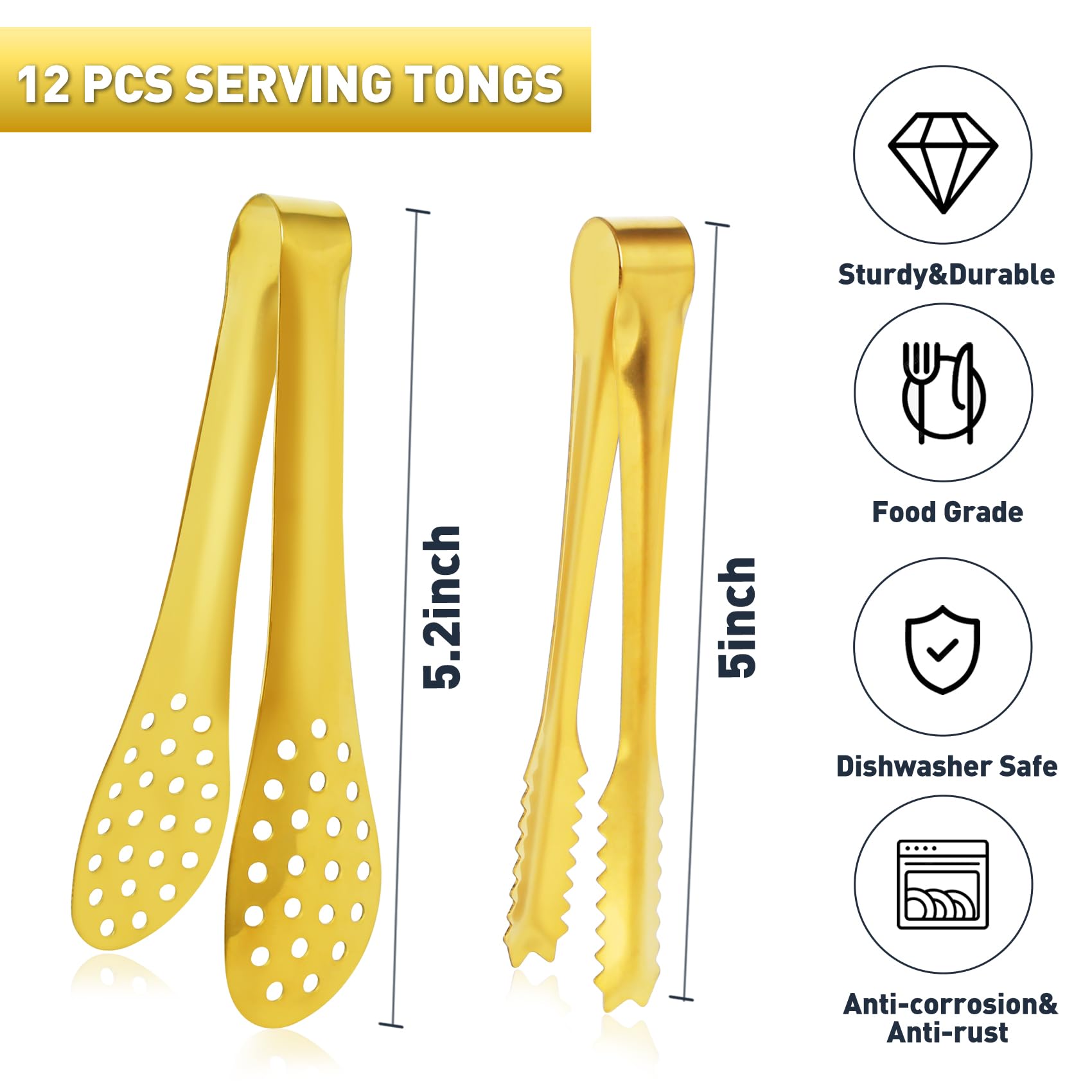 JCREN appetizers tongs 5in in gold offer precise grip for bite-size hors d'oeuvres.