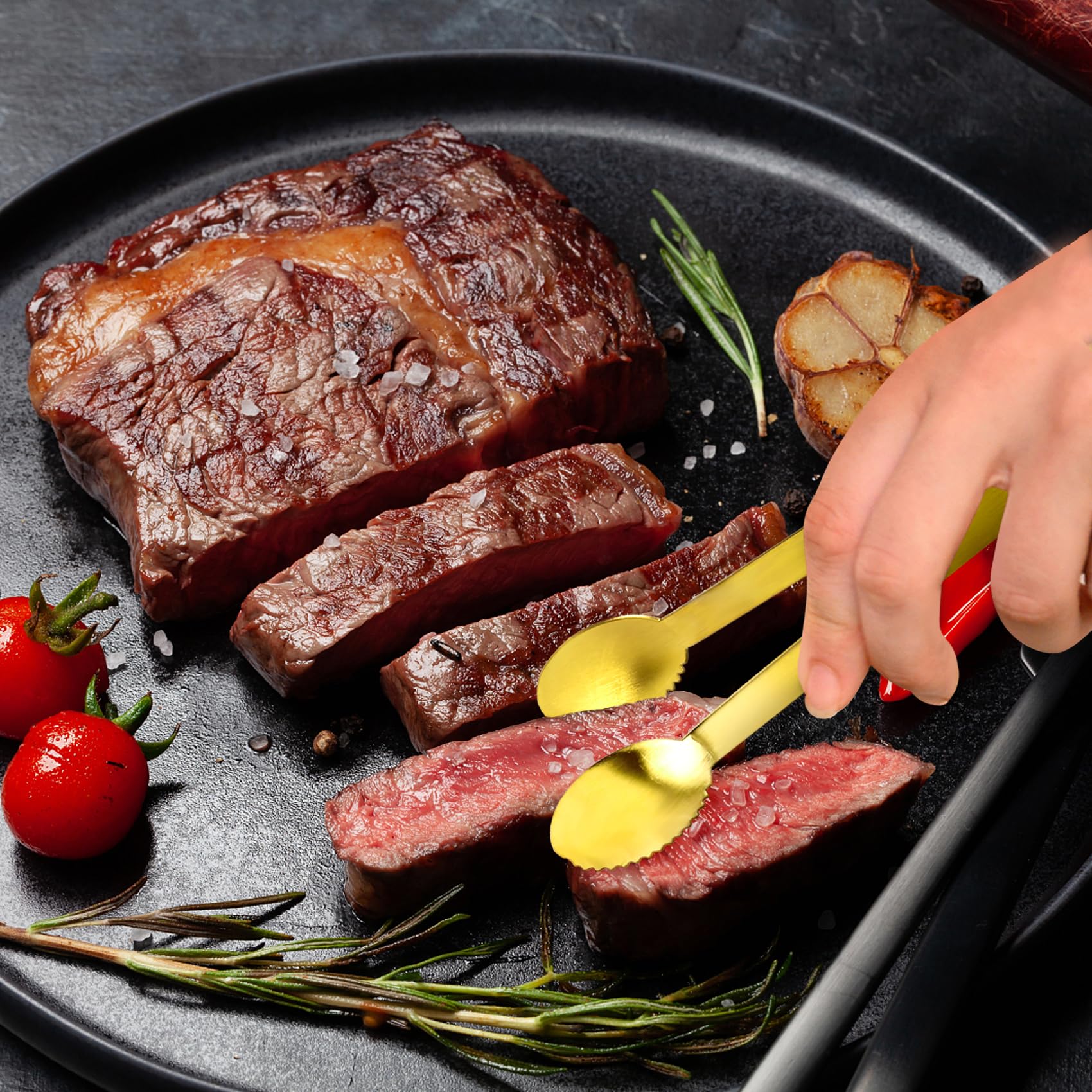 JCREN mini tongs in buffet setup, versatile for olives, chips, and fruit.