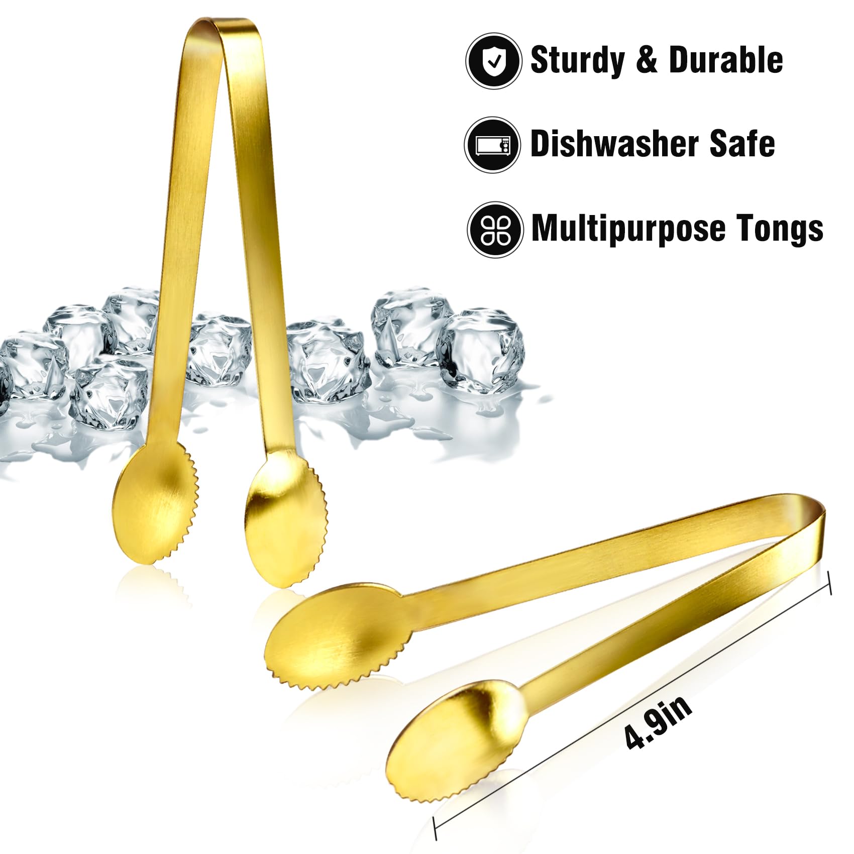 JCREN gold tongs serrated tip closeup for secure ice, sugar, or bite-sized treats.