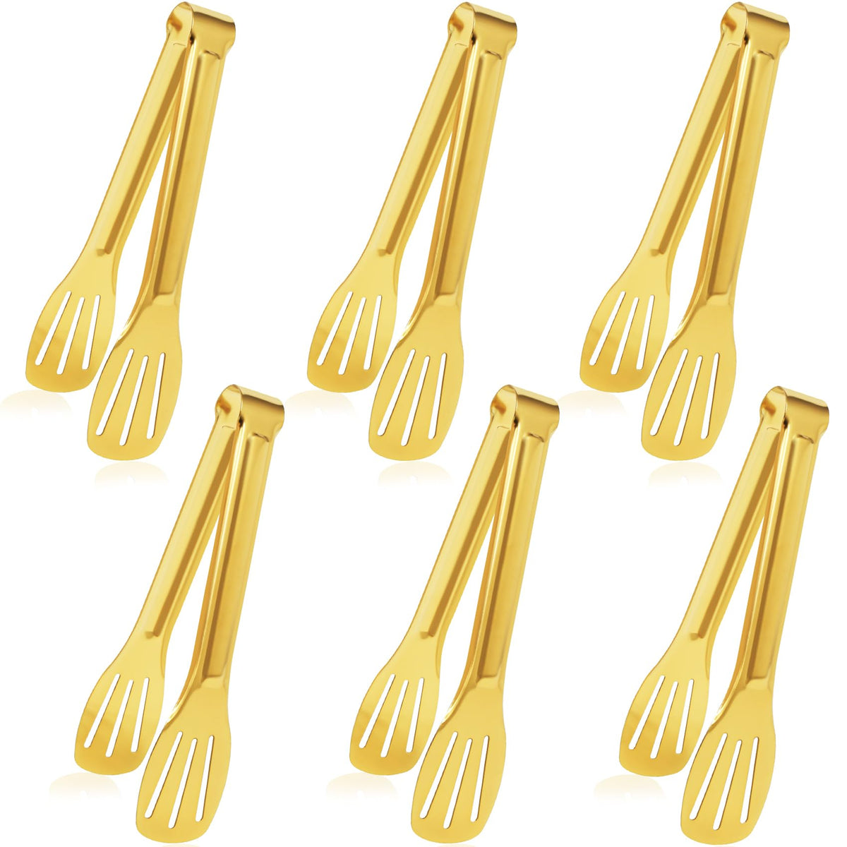 JCREN serving tongs 6-pack in gold finish ideal for buffet presentation.