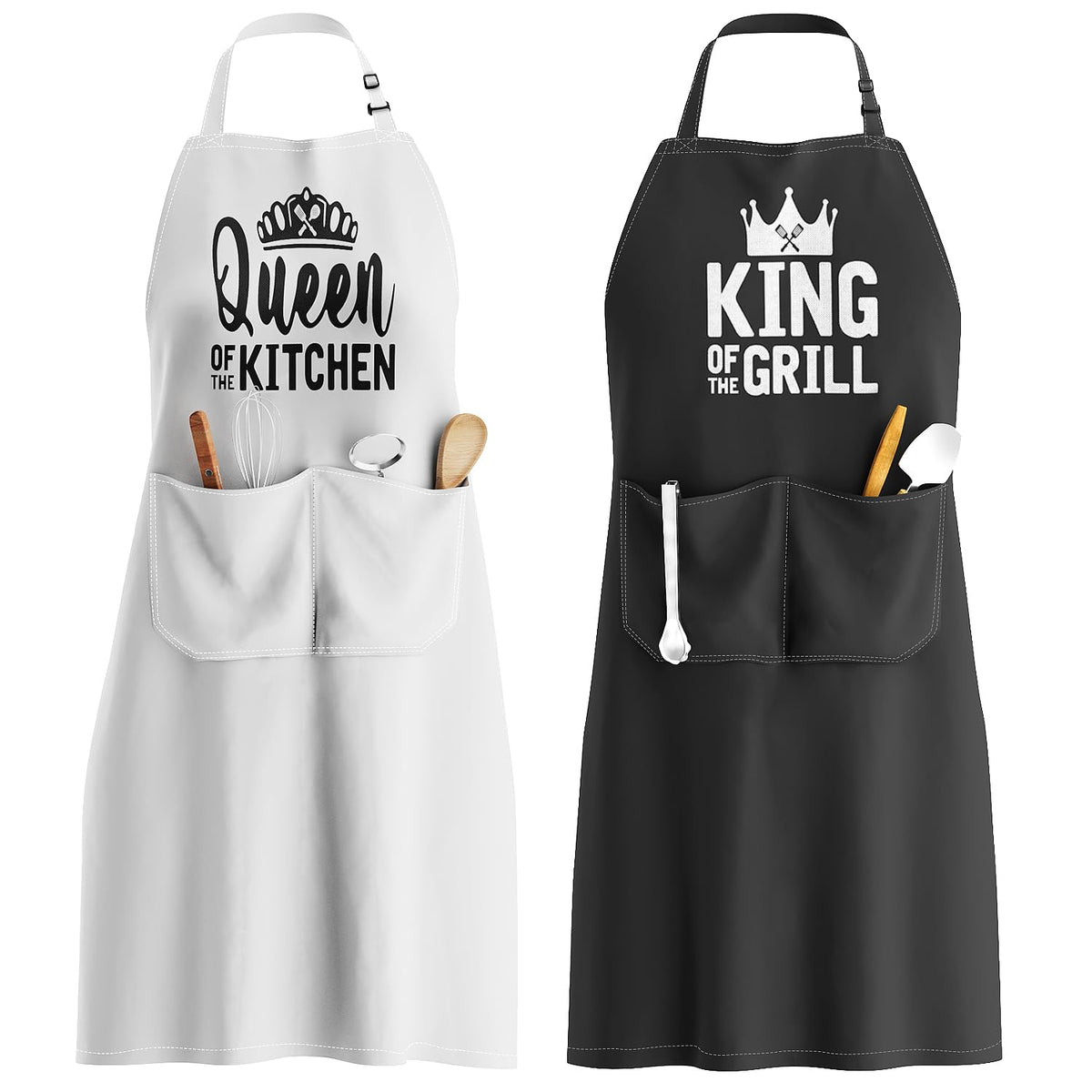 JDNFYGX King and Queen apron set displayed for couples cooking sessions