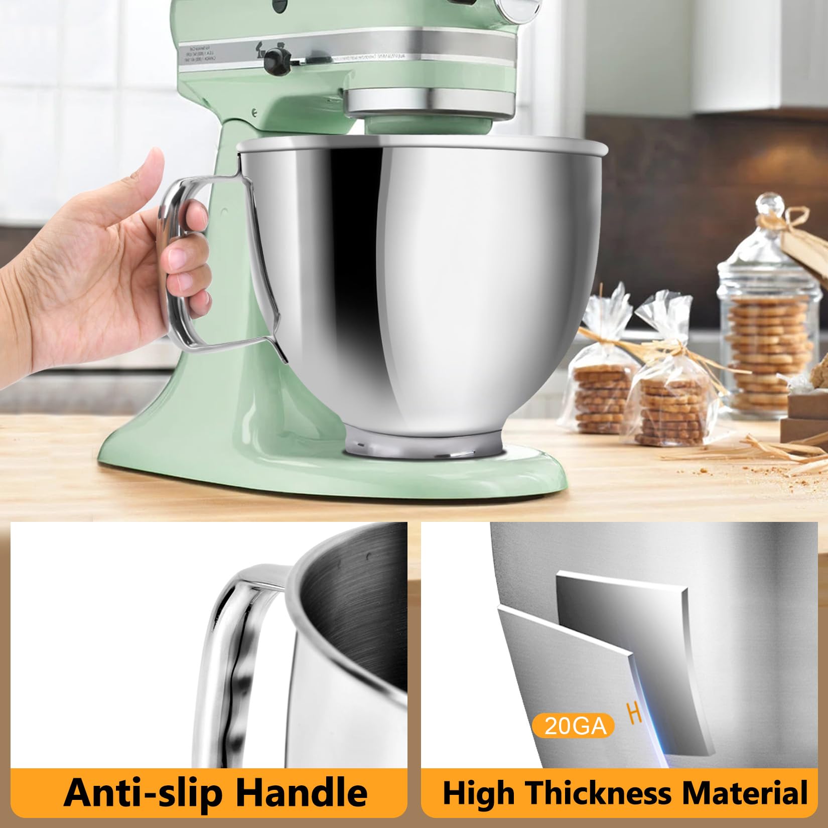 JEASOM 5qt bowl with ergonomic handle for easy lifting and pouring.
