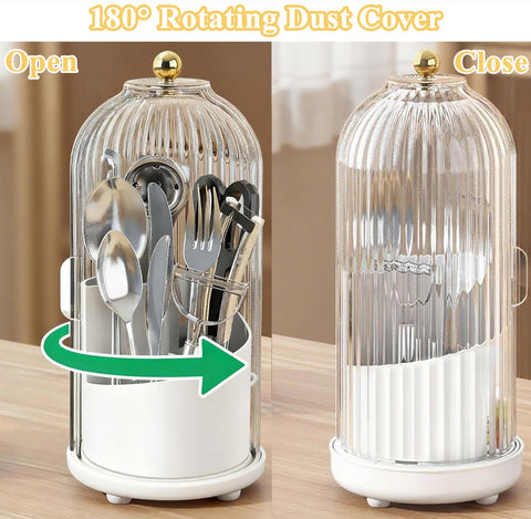 JEESA Dustproof Utensil Holder with Drainage Holes demonstrates moisture drainage to drip tray.