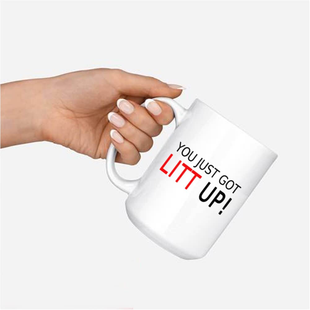 J.Ehonace mug sassy quote detail highlights the witty Louis Litt nod.