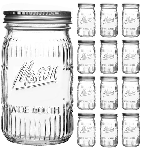 Jeitae 12-pack 32oz wide-mouth jar front view shows sturdy glass for pantry storage.