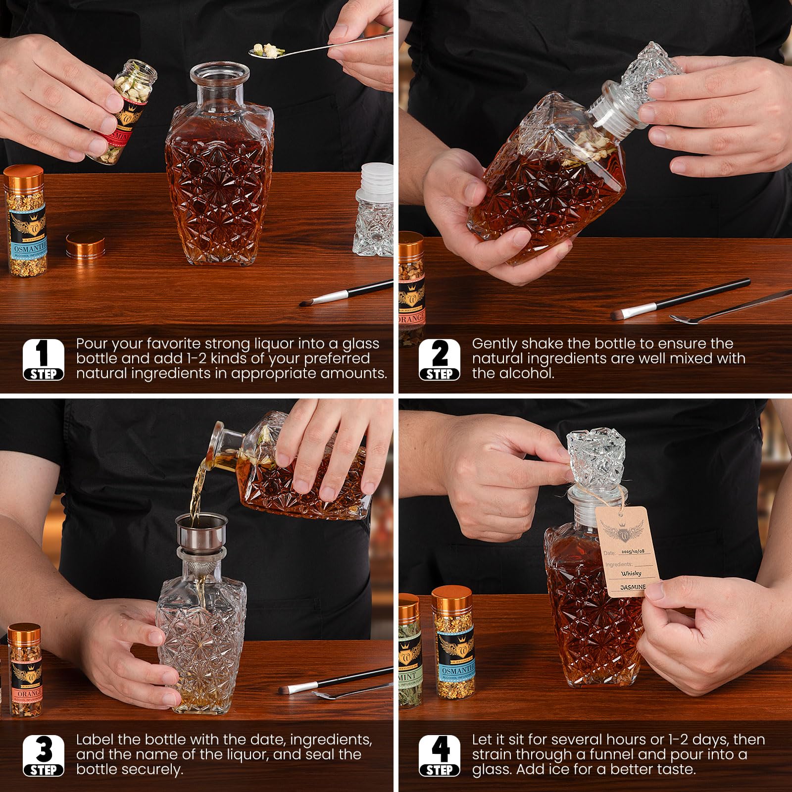 JenChrysm clear glass bottle after-use, reusable container for DIY infusions.