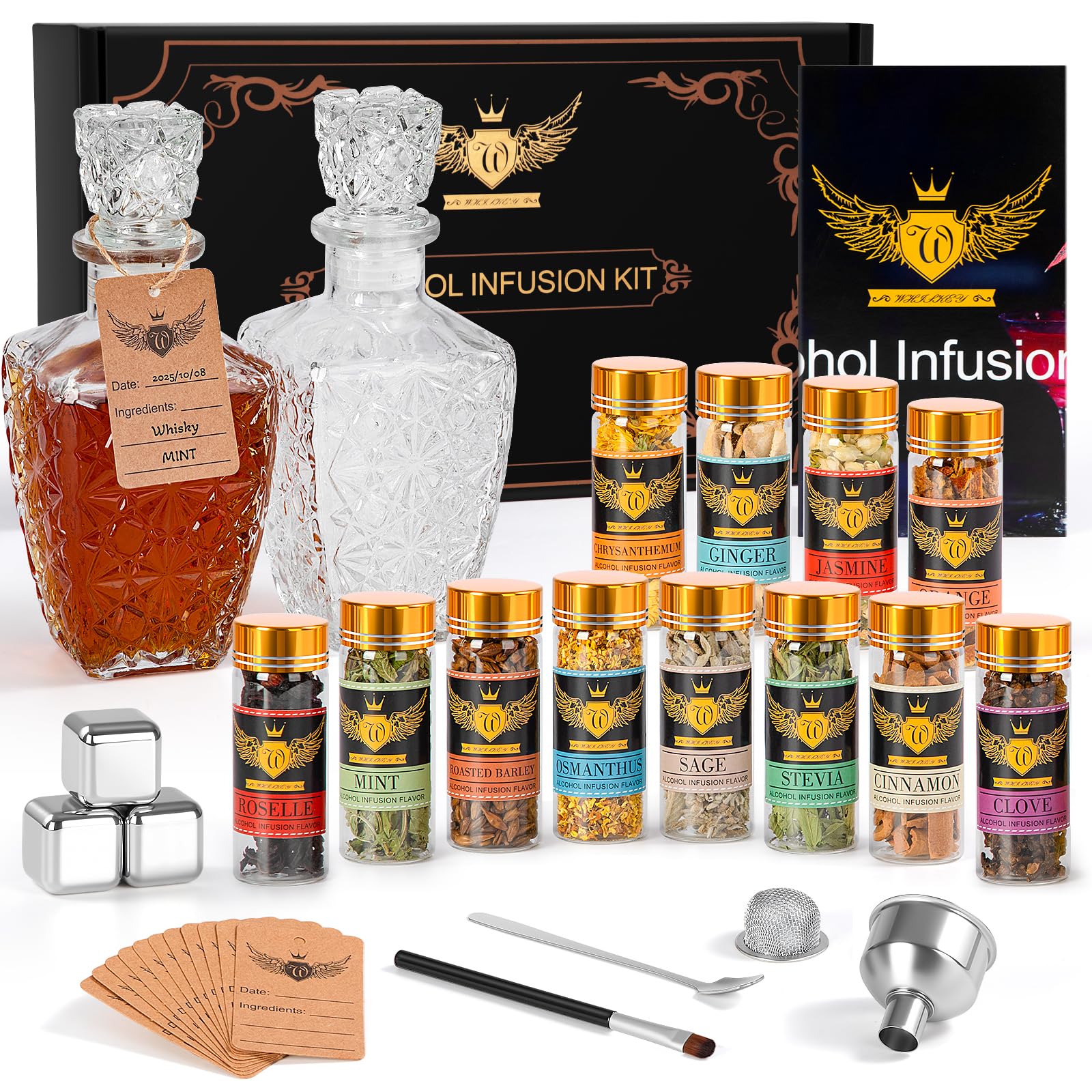 JenChrysm whiskey infusion kit packaging, elegant gift-ready presentation for flavored spirits.