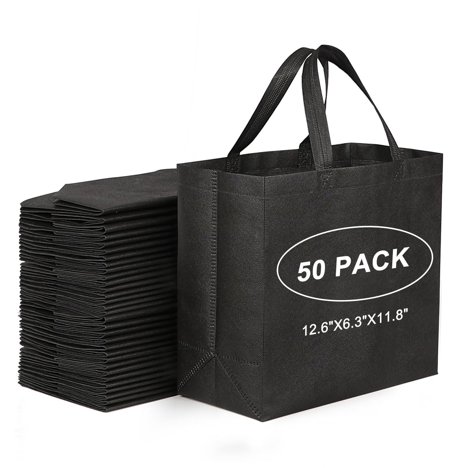 JERIA 50-pack black reusable tote with reinforced handles, ideal for frequent groceries.