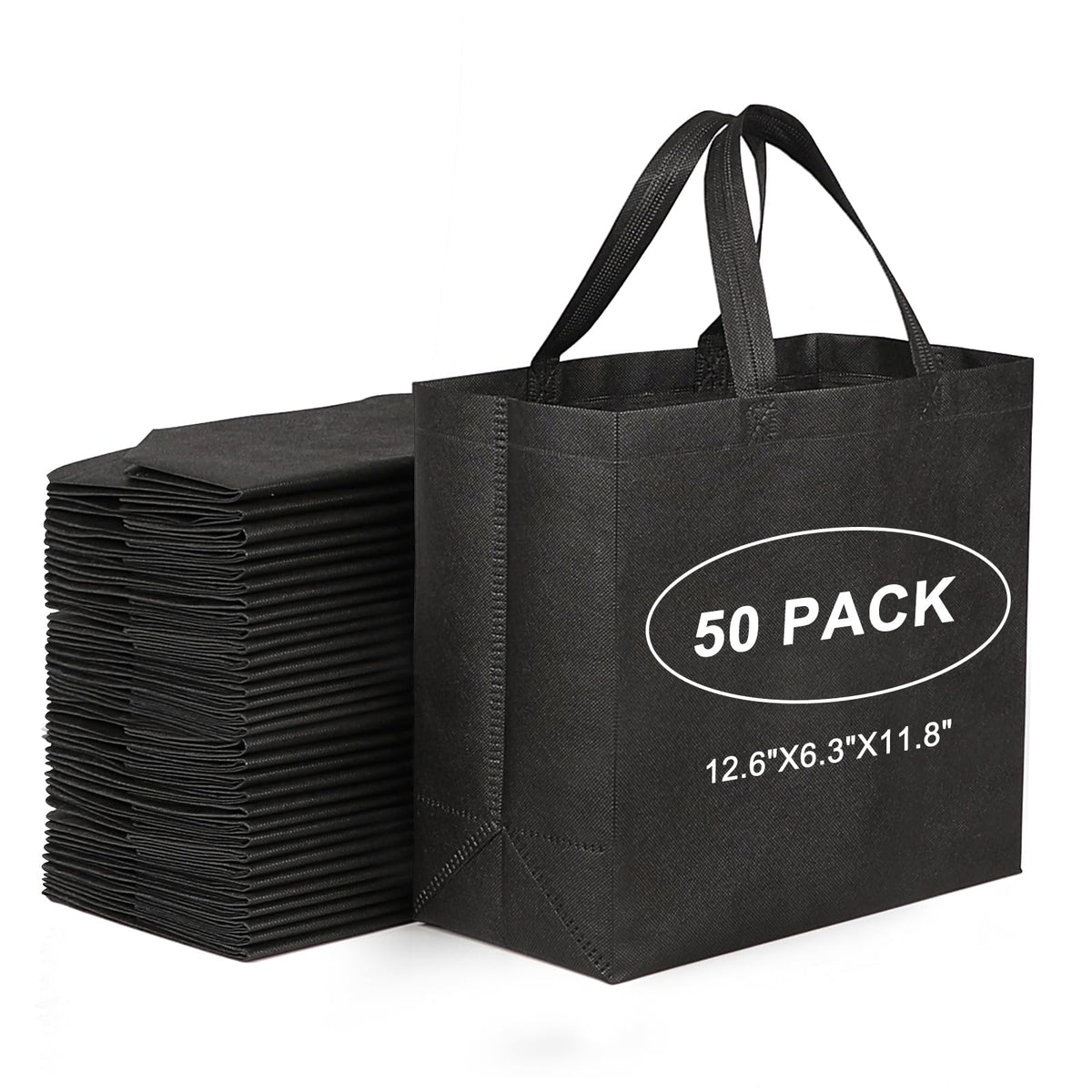 JERIA 50-pack black reusable tote with reinforced handles, ideal for frequent groceries.