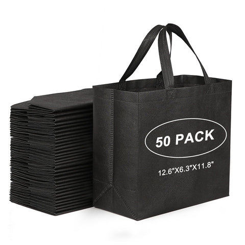 JERIA 50-pack black reusable tote with reinforced handles, ideal for frequent groceries.