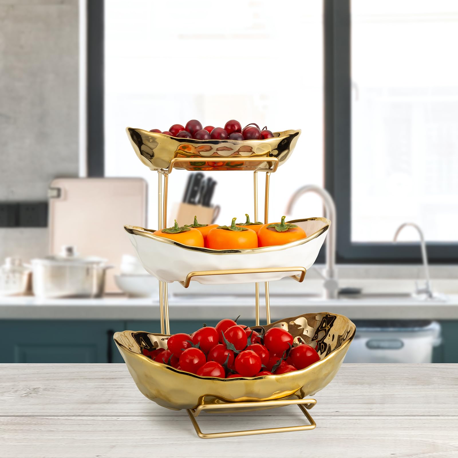 Jessie fruit bowl stand side view showing compact, space-saving design.