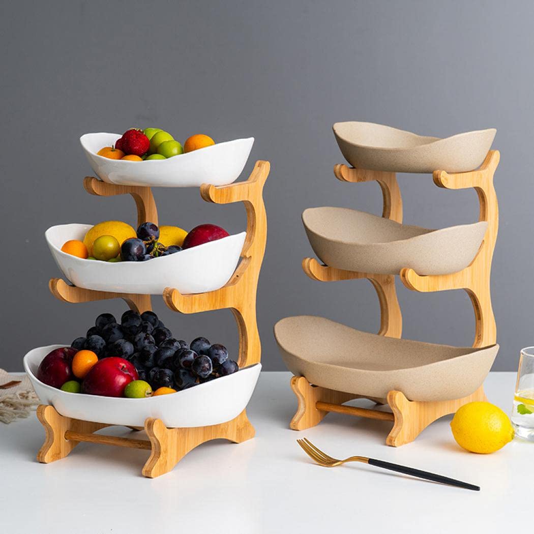 Jessie porcelain bowls on bamboo stand for stable counter storage.