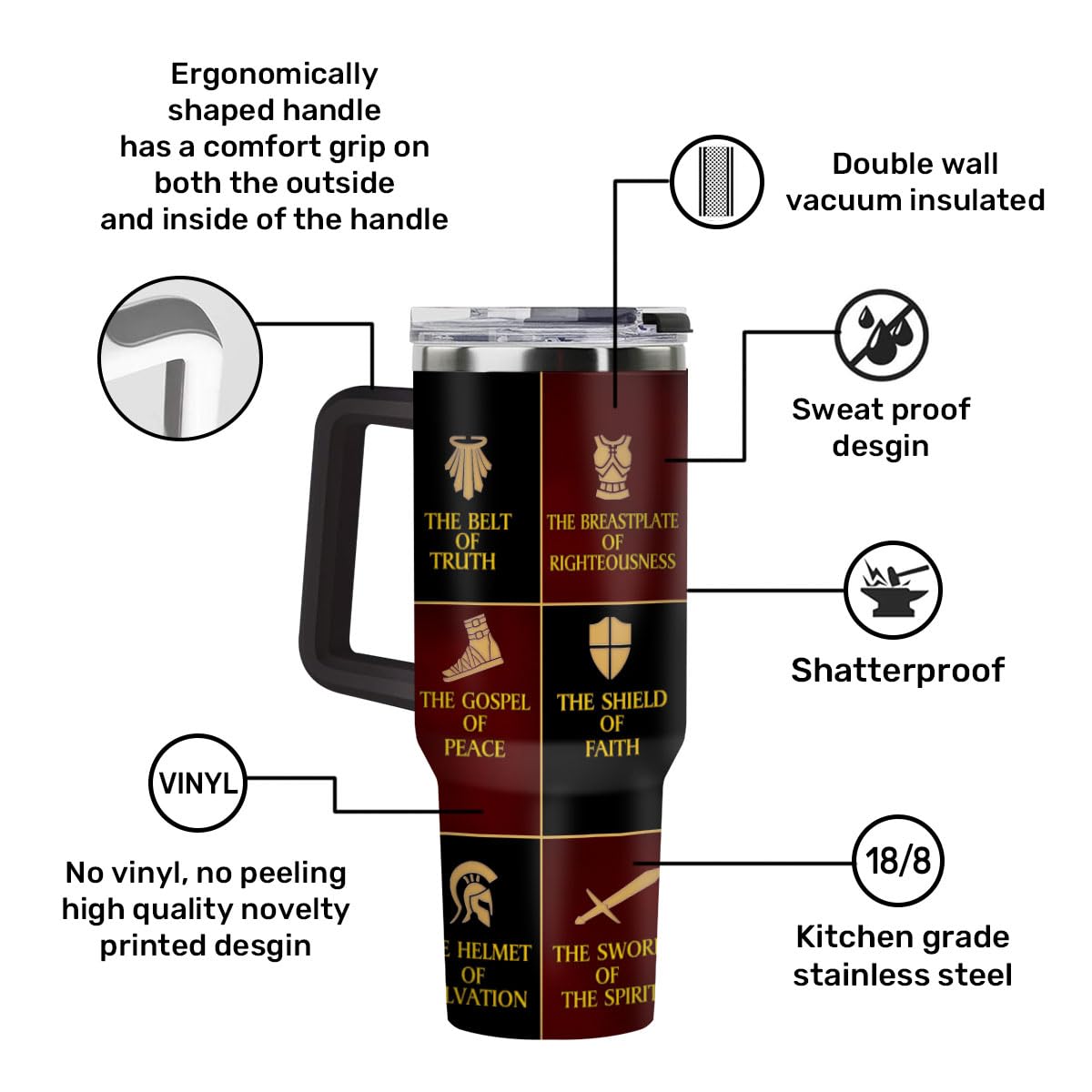 Jesuspirit Armor of God tumbler insulated display highlighting temperature control