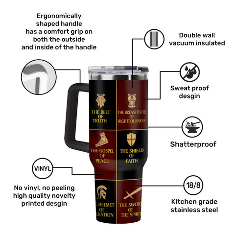 Jesuspirit Armor of God tumbler insulated display highlighting temperature control