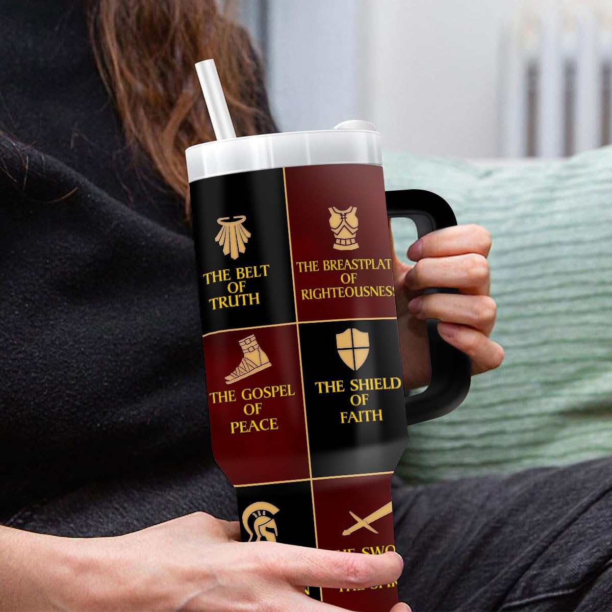 Jesuspirit Armor of God tumbler lid closeup showing secure seal