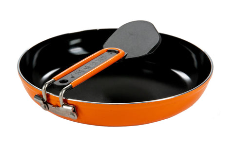 Jetboil Summit skillet showing easy egg release on nonstick surface.