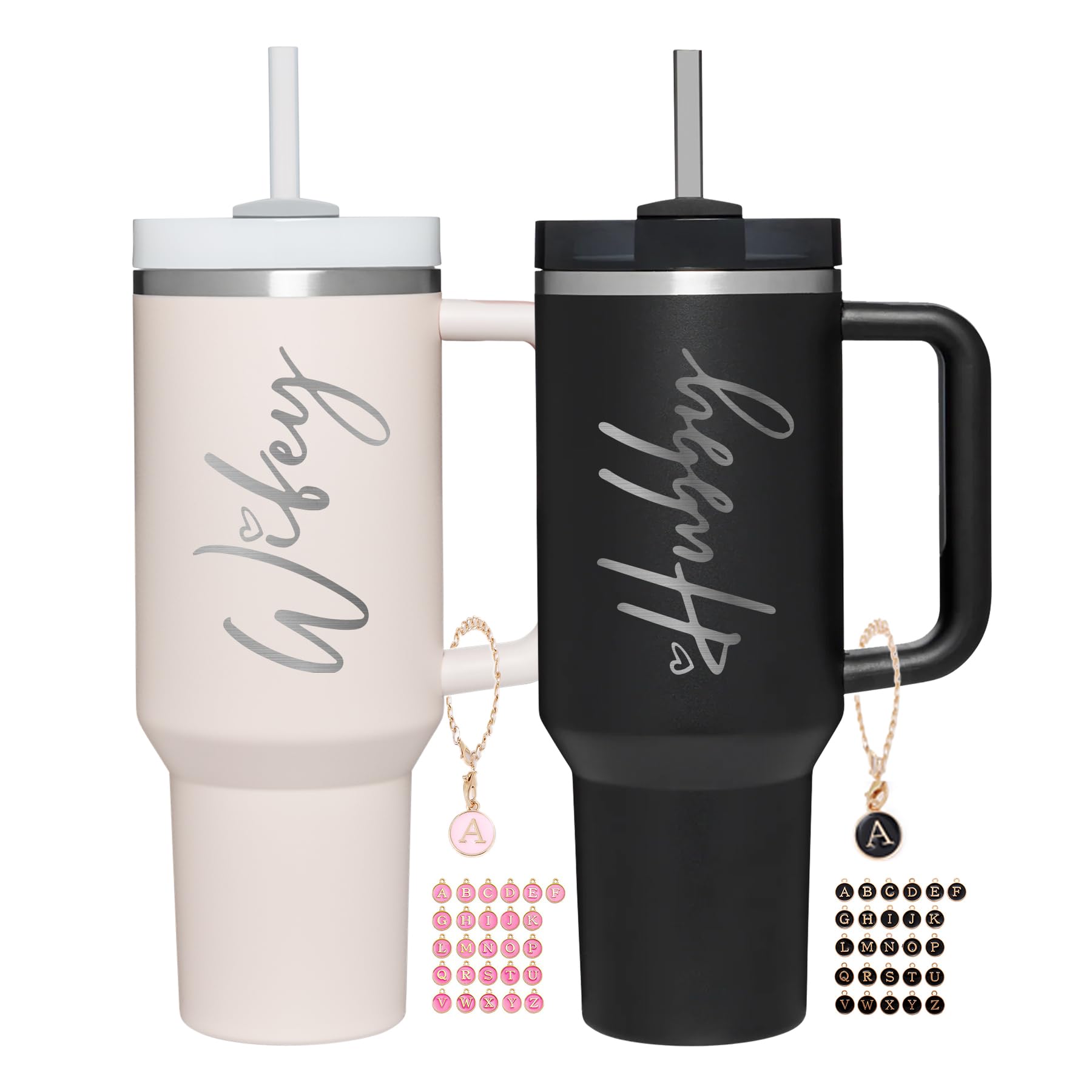 Jetikon Wifey Hubby 40 oz tumbler set with handle and lid for on-the-go hydration.