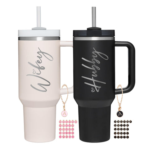 Jetikon Wifey Hubby 40 oz tumbler set with handle and lid for on-the-go hydration.