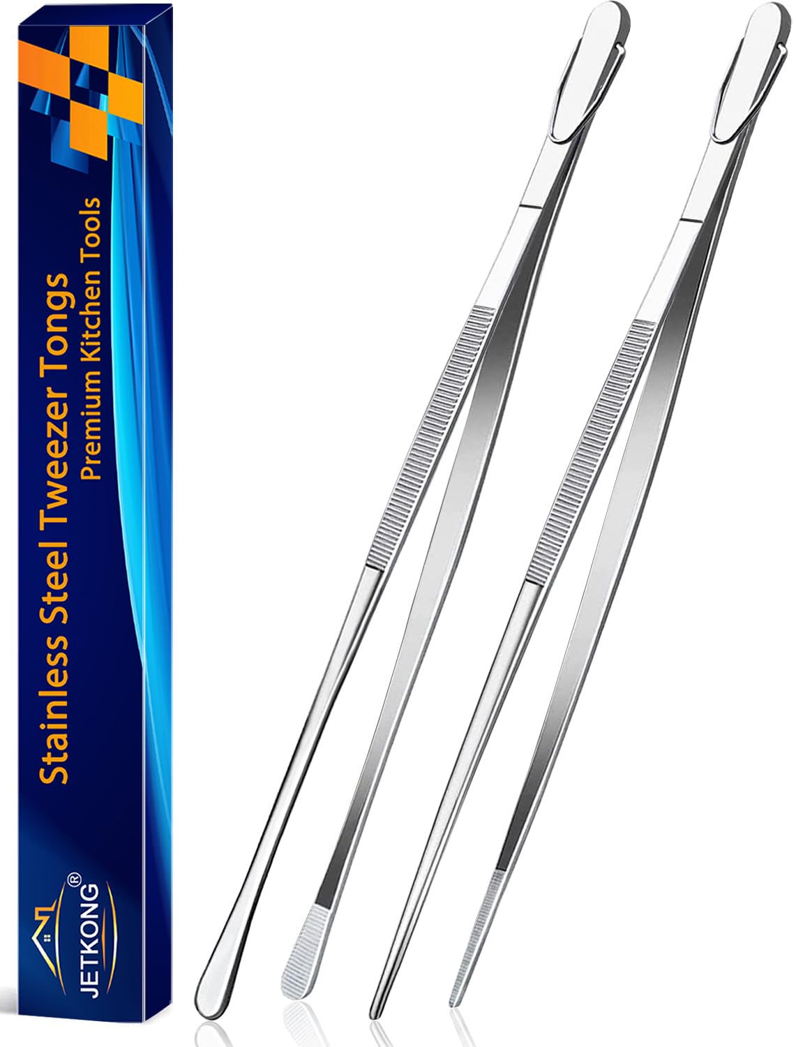 JETKONG 14-inch stainless steel kitchen tweezers for precise food handling.