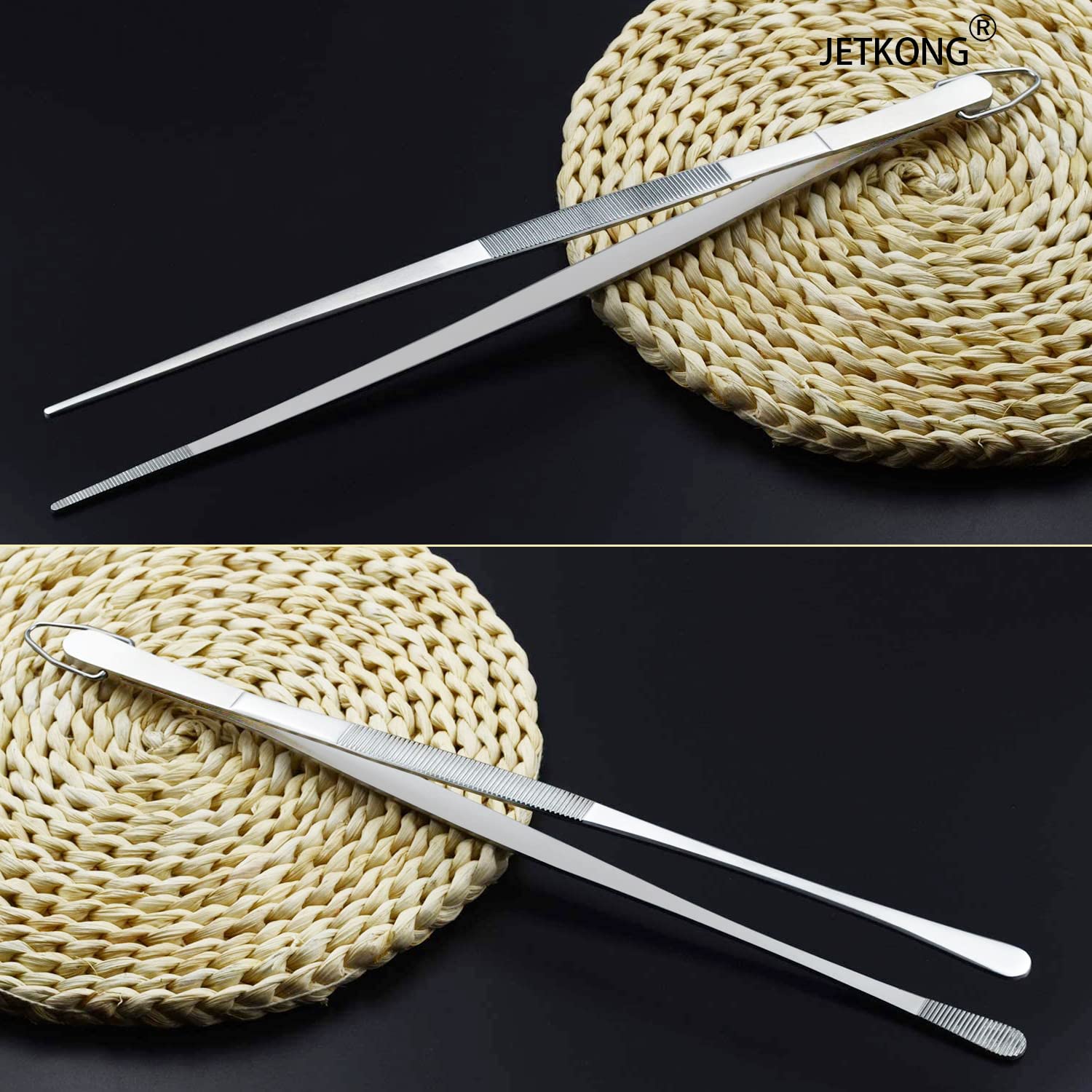 JETKONG 2-pack packaging featuring two long tweezers
