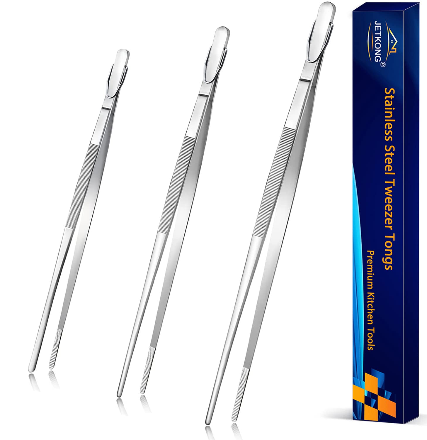 JETKONG extra-long 9-inch tweezers provide precise food handling on the cutting board