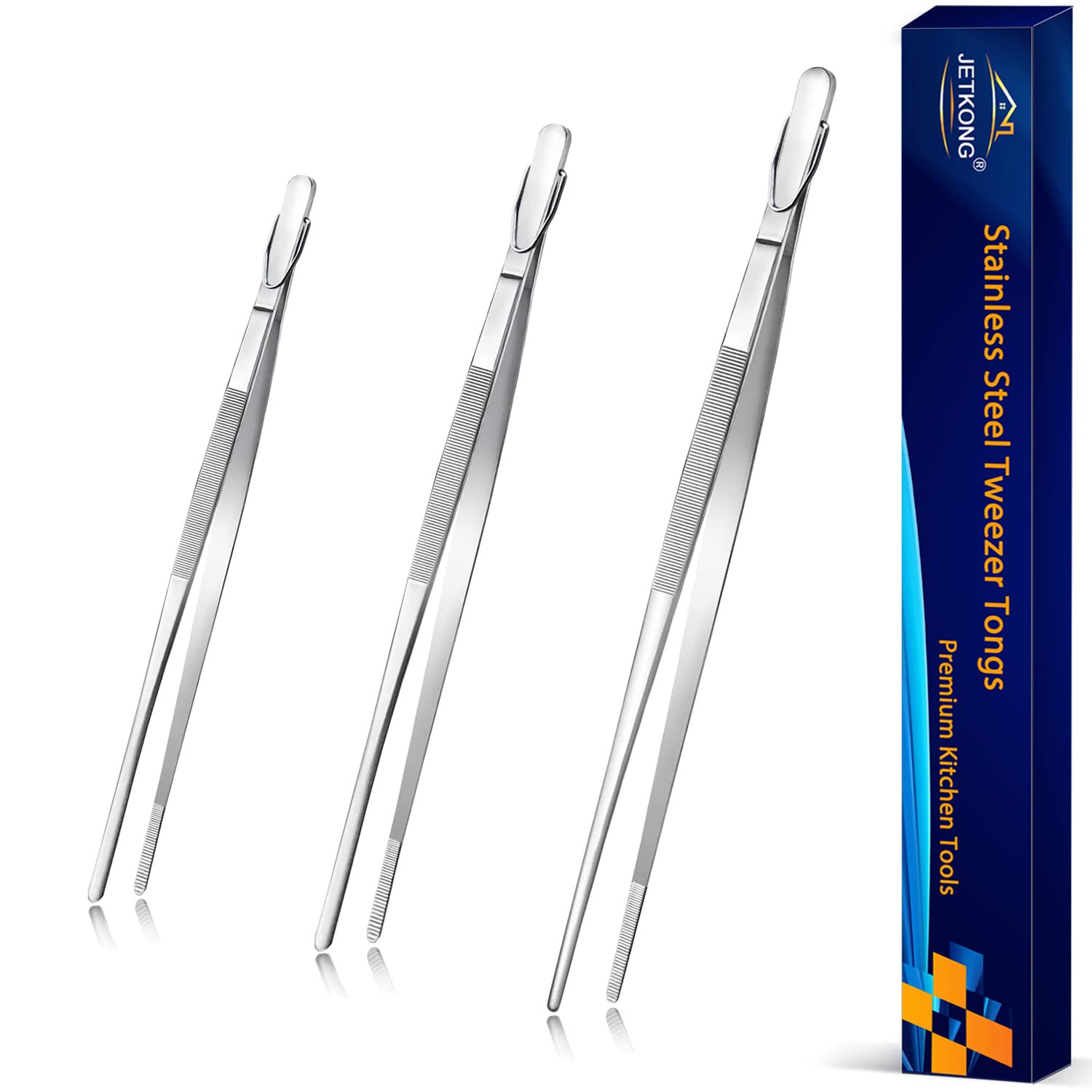 JETKONG food tweezers 7-inch serrated tips for precise gripping.