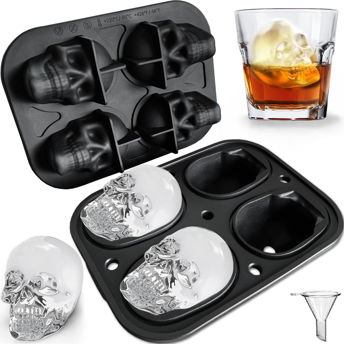 JETKONG large skull ice mold with four cavities for dramatic cocktail skull ice.