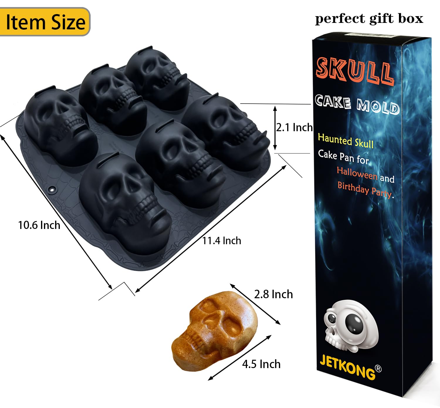 JETKONG silicone skull mold close-up reveals crisp skull details for cakelets.