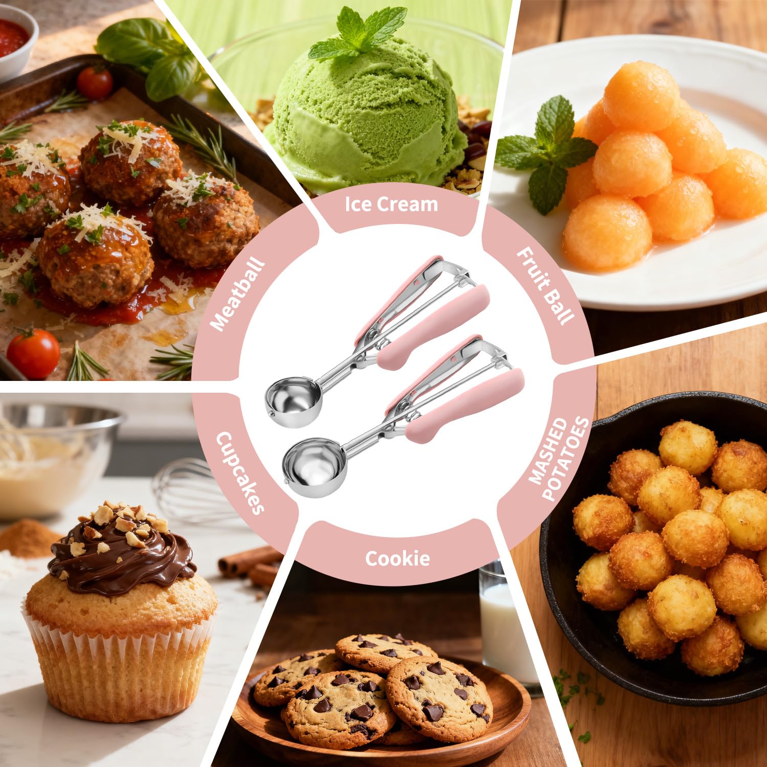 JETONN cookie dough scooper set for even portions across cookies.