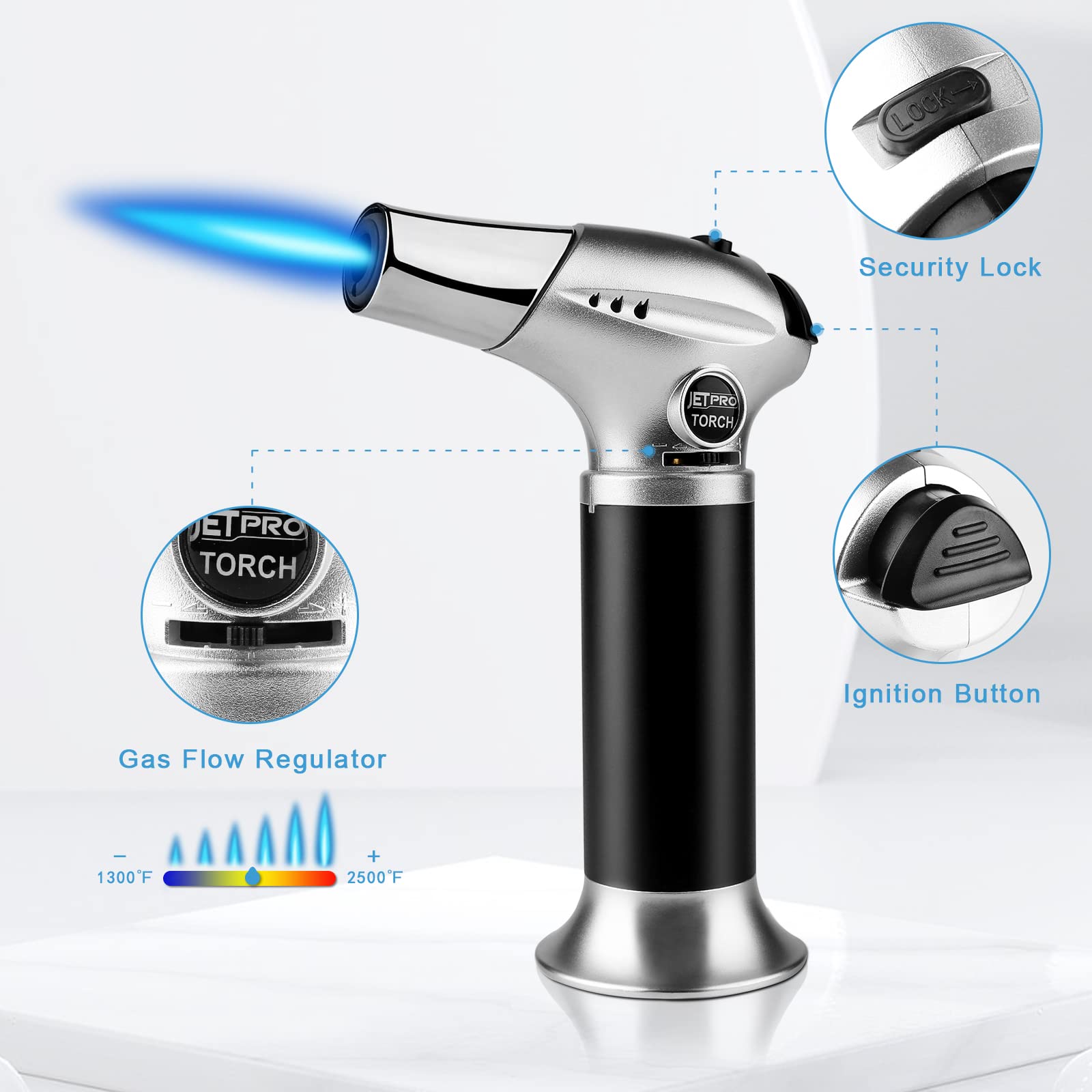 JetPRO piezo ignition provides quick, reliable start with one-handed operation.