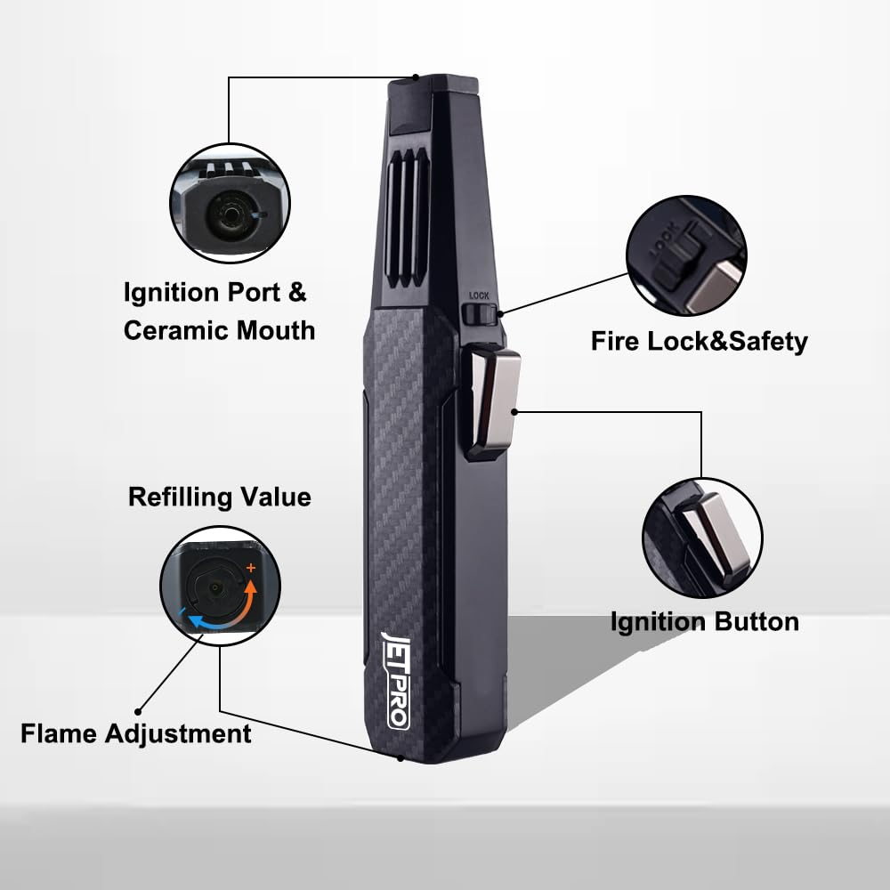JETPRO torch lighter safety lock demonstrates effortless continuous flame for hands-free use.