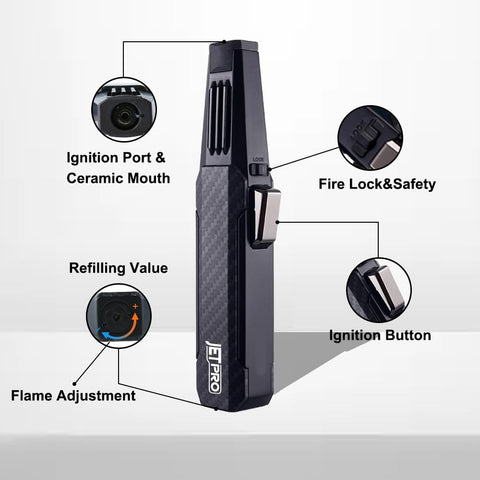 JETPRO torch lighter safety lock demonstrates effortless continuous flame for hands-free use.