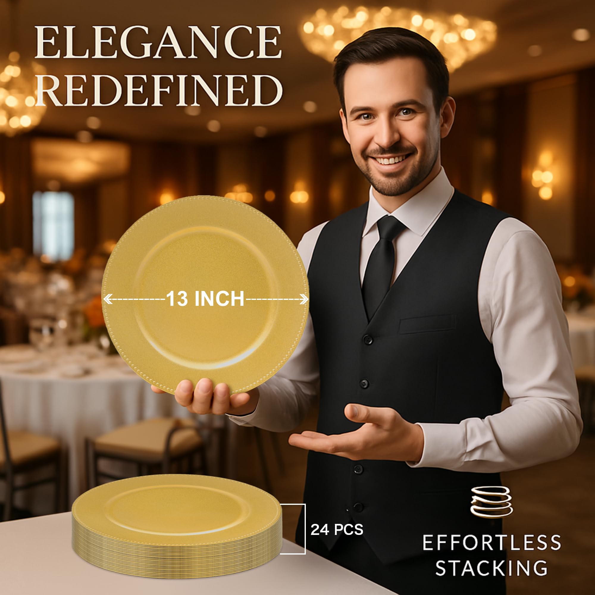 JEVERGN 13-inch round gold charger plate provides table protection and style.