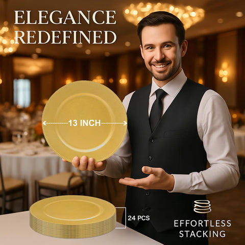 JEVERGN 13-inch round gold charger plate provides table protection and style.