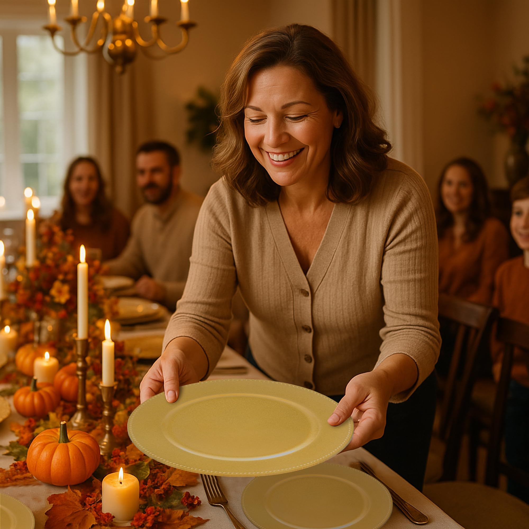 JEVERGN beaded charger protects tabletops from scratches and heat marks.