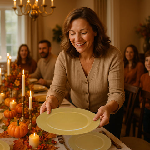 JEVERGN beaded charger protects tabletops from scratches and heat marks.