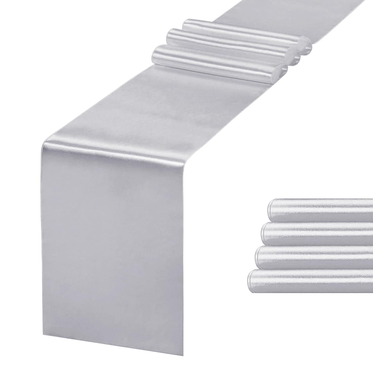 Jevix silver satin table runner on a banquet table for weddings