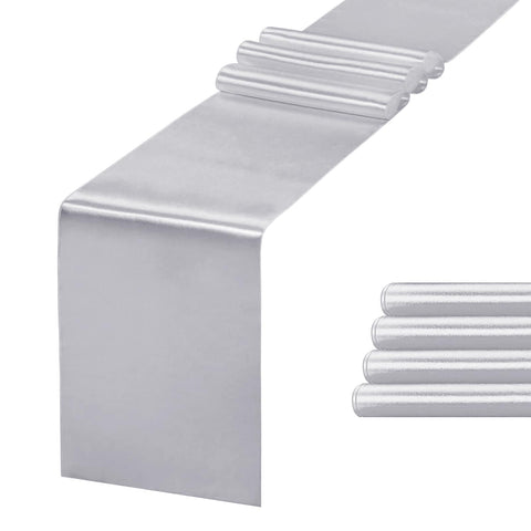 Jevix silver satin table runner on a banquet table for weddings