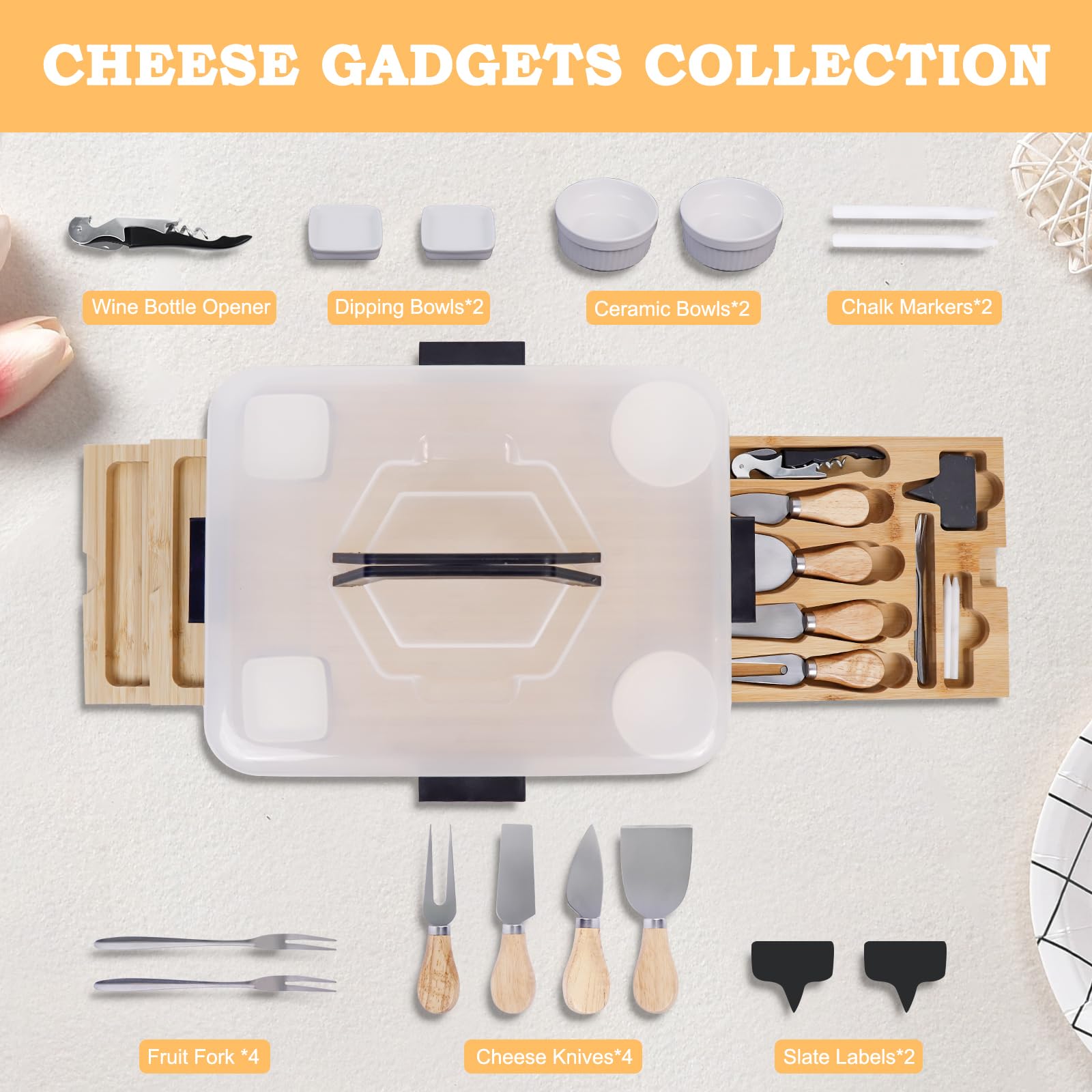JFIEOEO bamboo charcuterie knife set beside the board for effortless cheese prep.
