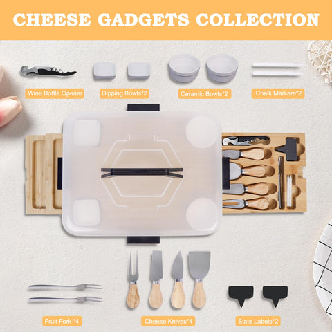 JFIEOEO bamboo charcuterie knife set beside the board for effortless cheese prep.