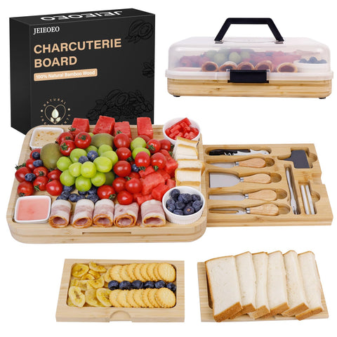 JFIEOEO charcuterie board with lid shows integrated storage and generous serving space.