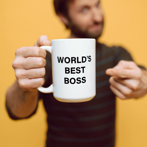 JGTONG World's Best Boss mug back view showing double-sided printing details.