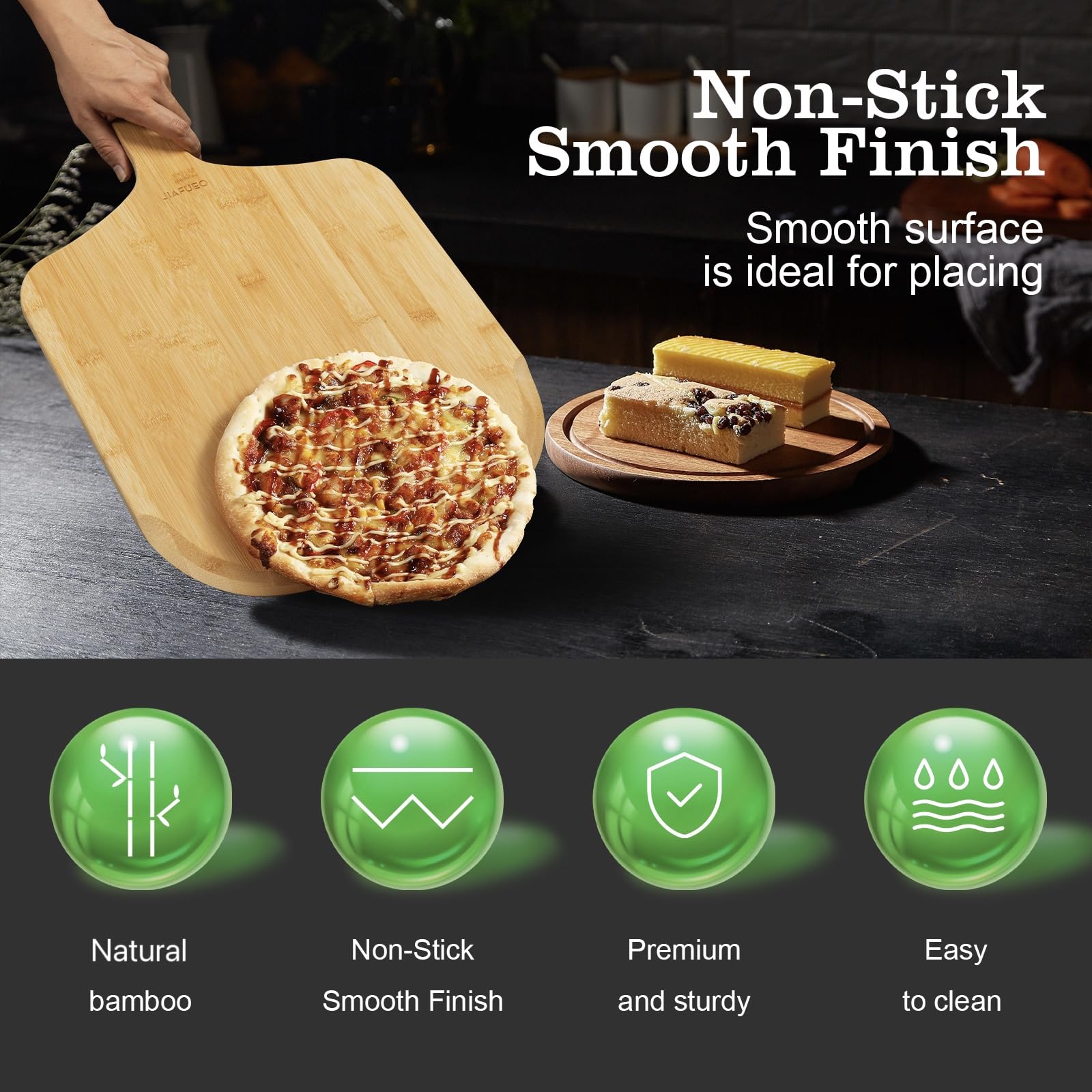 JIAFUEO bamboo pizza peel doubles as a multipurpose cutting board for snacks.