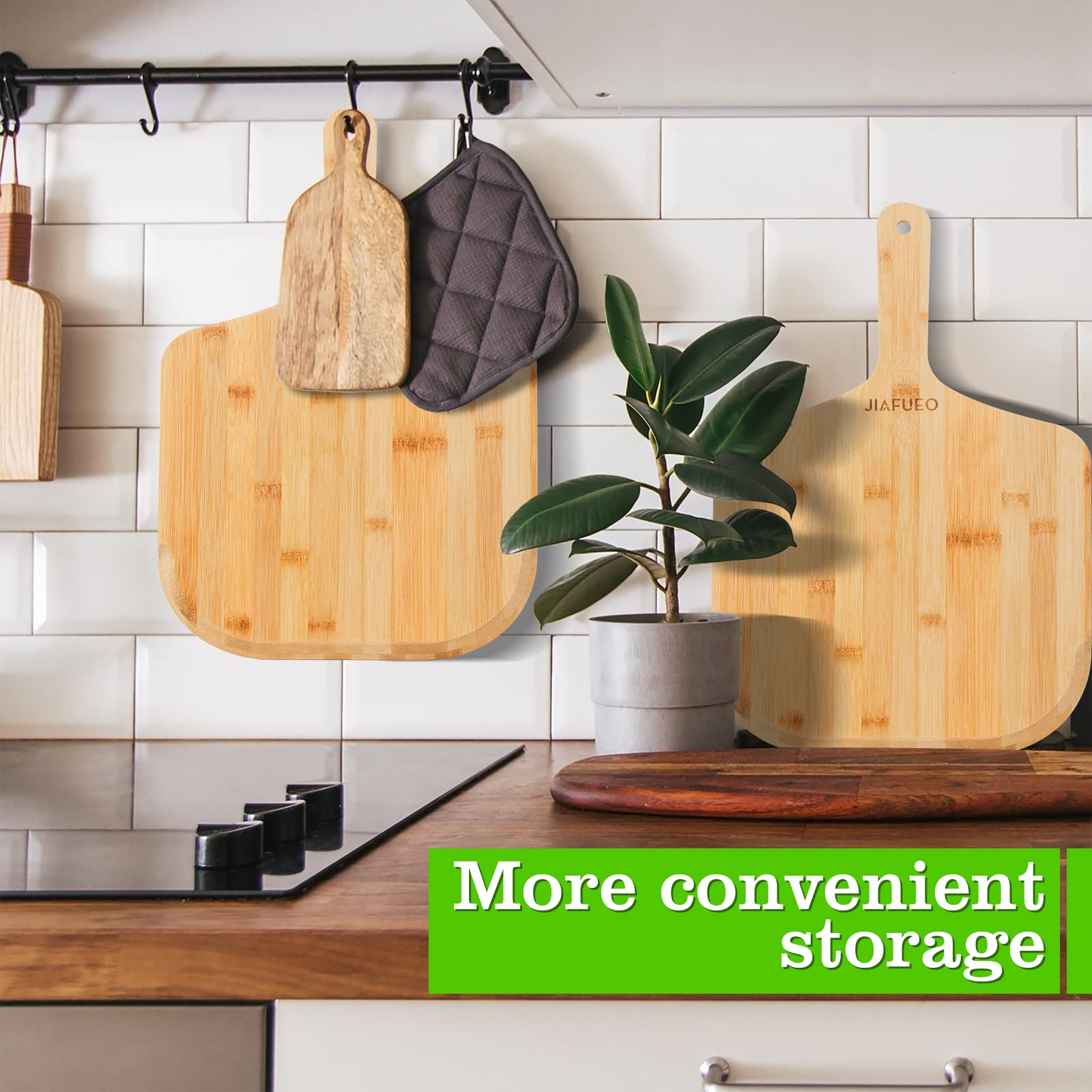 JIAFUEO pizza peel with hanging holes for simple wall storage.