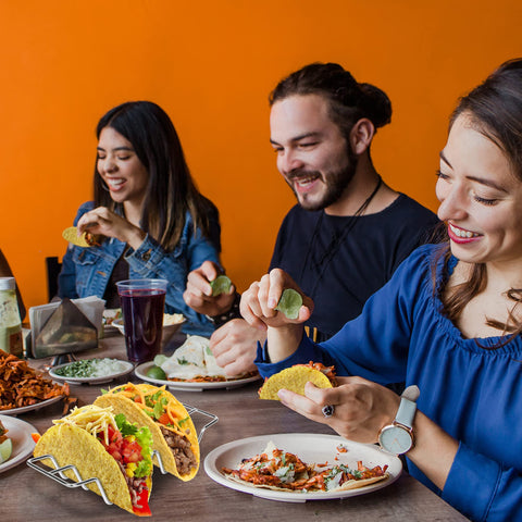 JIBOLAT stainless steel taco holders shine on a taco bar setup