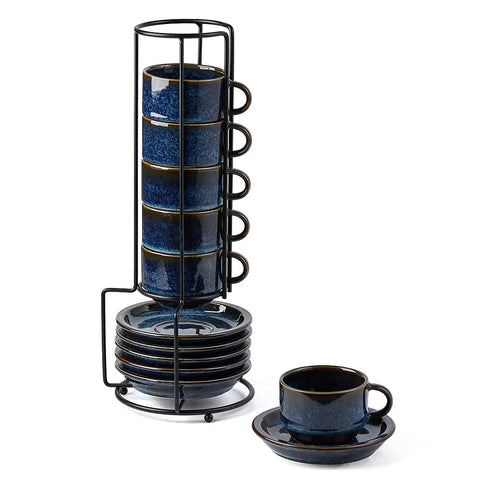 JIEMEI HOME porcelain espresso cups stackable with saucers for organized coffee stations.
