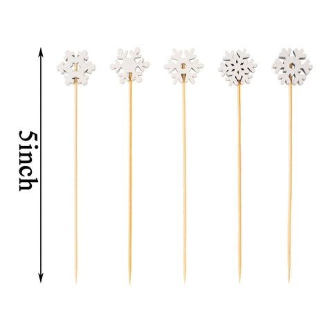 Jiesky bamboo snowflake pattern picks, ideal for festive desserts and fruit skewers.