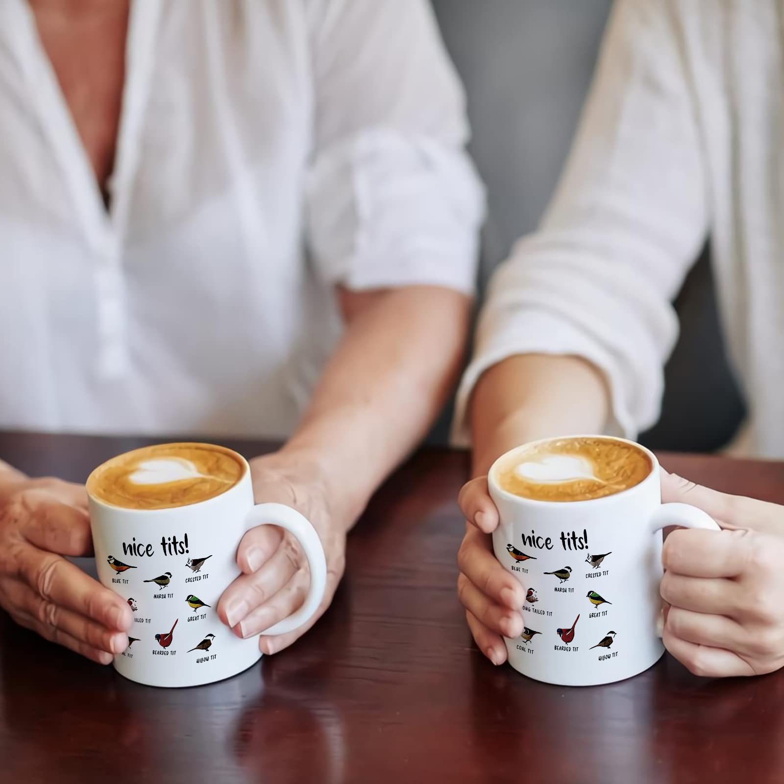 Jigfoxy Nice Tits Bird Mug flat lay displays size and design clearly