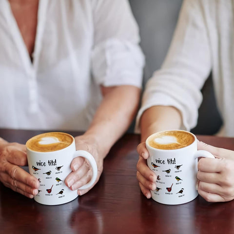 Jigfoxy Nice Tits Bird Mug flat lay displays size and design clearly