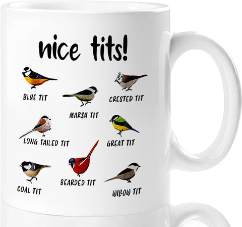 Jigfoxy Nice Tits Bird Mug front view with bold bird illustration for morning coffee